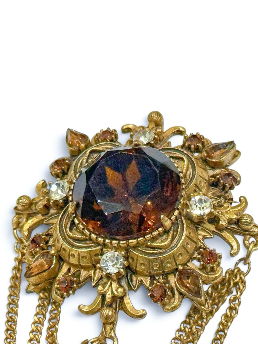 Vintage Florenza Gold-Tone Brown Crystal Brooch with Chain Drapes - Picture 10 of 16